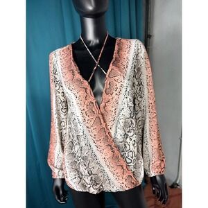 AGB Snakeskin Print Blouse Womens Medium Long Sleeve V Neck Tie Front